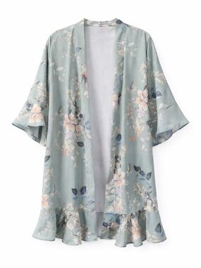Birdy Grey romantic floral kimono chiffon cover up open front sage M/L